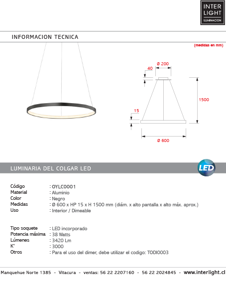Lámpara colgante aluminio negro aro Ø 60 cm LED 38W - OYLC0001