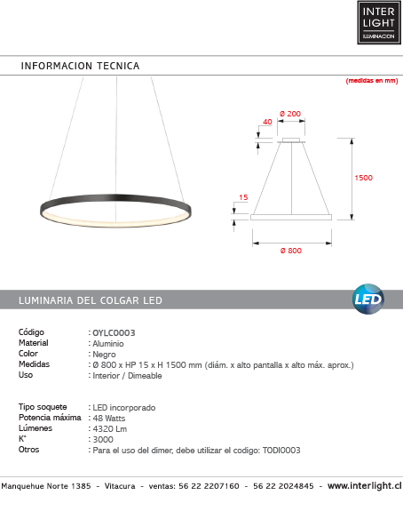Lámpara colgante aluminio negro aro Ø 80 cm LED 48W - OYLC0003