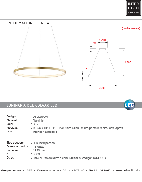 Lámpara colgante aluminio oro aro Ø 80 cm LED 48W - OYLC0004