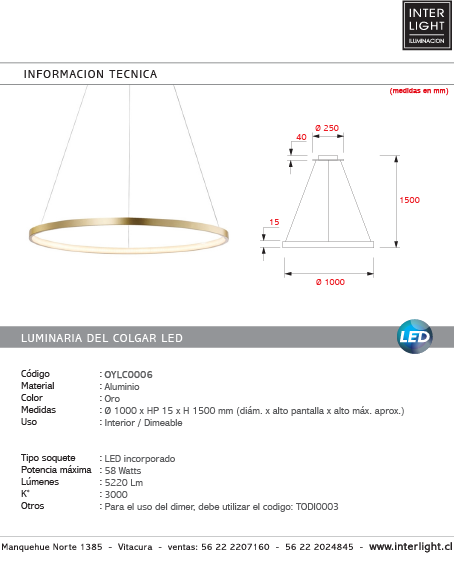 Lámpara colgante aluminio oro aro Ø 100 cm LED 58W - OYLC0006