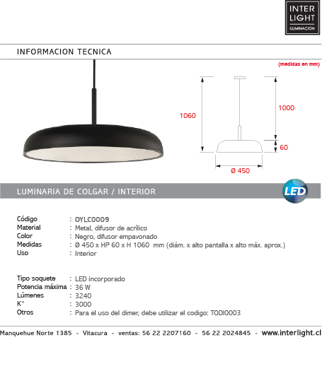 Lámpara colgante metal negro difusor policarbonato Ø 45 cm LED 36W - OYLC0009