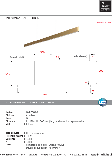 Lámpara colgante lineal aluminio oro largo 1,18 cm LED 40W - OYLC0010