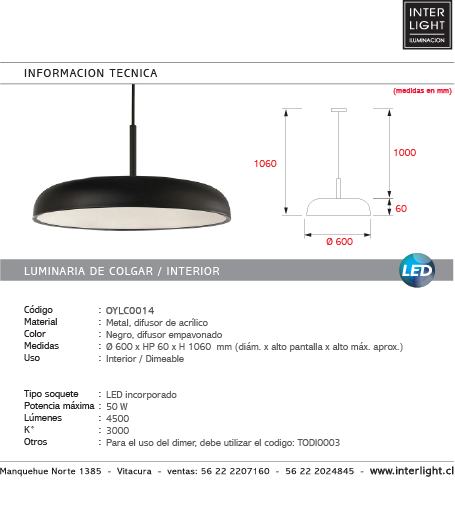 Lámpara colgante metal negro difusor policarbonato Ø60 cm LED 50W - OYLC0014