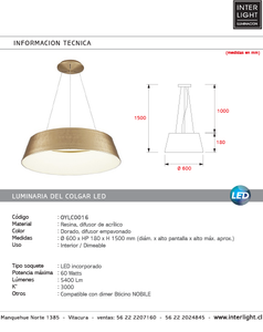 Lámpara colgante resina dorado difusor policarbonato dim Ø 60 cm LED 60W - OYLC0016