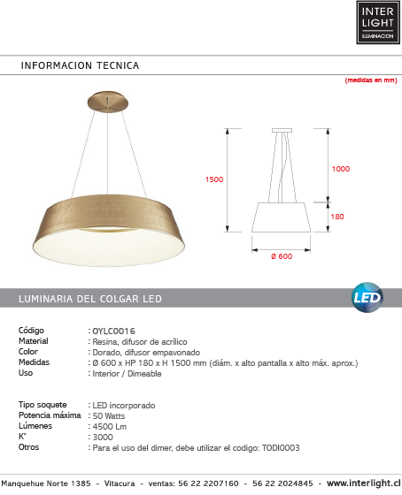 Lámpara colgante resina dorado difusor policarbonato dim Ø 60 cm LED 50W - OYLC0016