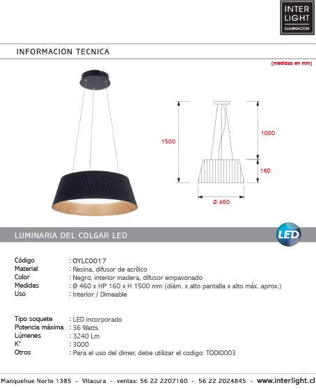 Lámpara colgante resina negro interior madera difusor policarbonato dim Ø 46 cm LED 36W - OYLC0017