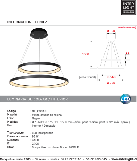 Lámpara colgante negro doble aro Ø75x Ø56  cm LED 92W - OYLC0018