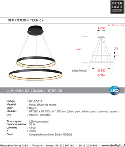 Lámpara colgante negro doble aro Ø75x Ø56  cm LED 92 W - OYLC0018