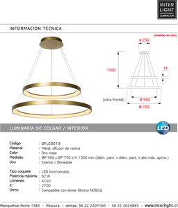 Lámpara colgante oro mate doble aro Ø75x Ø56  cm LED 92 W - OYLC0019