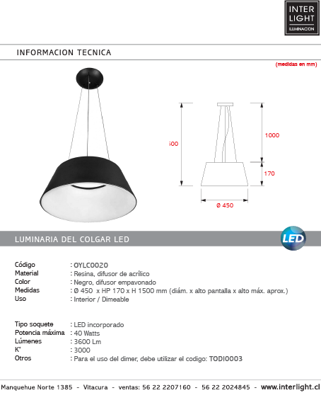 Lámpara colgante resina negro difusor policarbonato dim Ø 45 cm LED 40W - OYLC0020