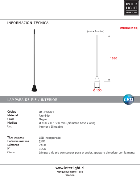 Lámpara de pie negro con sensor LED 24w 3000K - OYLP0001