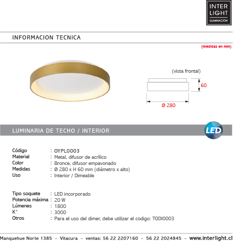 Plafón aluminio bronce difusor acrílico Ø 28 cm LED 20W - OYPL0003