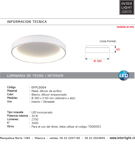 Plafón aluminio blanco difusor acrílico Ø 38 cm LED 30W - OYPL0004