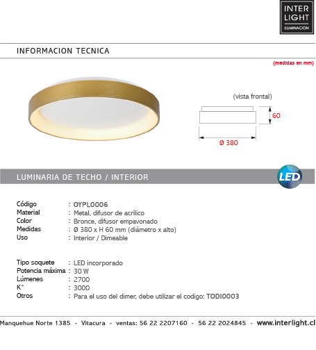 Plafón aluminio bronce difusor acrílico Ø 38 cm LED 30W - OYPL0006