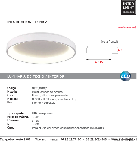 Plafón aluminio blanco difusor acrílico Ø 48 cm LED 38W - OYPL0007