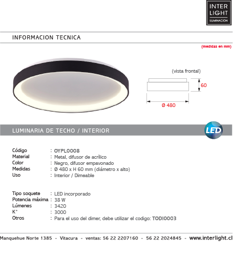 Plafón aluminio negro difusor acrílico Ø 48 cm LED 38W - OYPL0008
