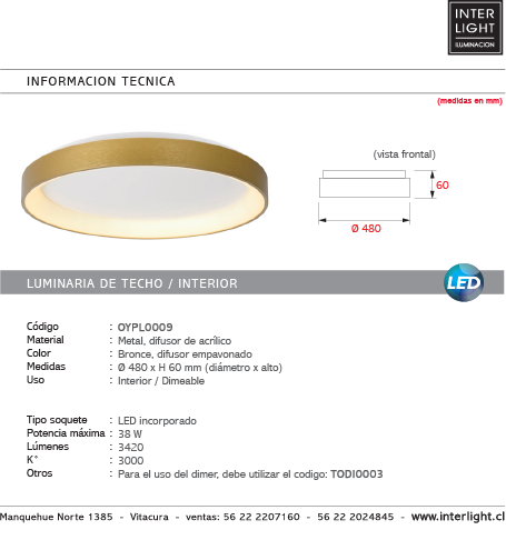 Plafón aluminio bronce difusor acrílico Ø 48 cm LED 38W - OYPL0009