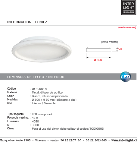 Plafón aluminio blanco difusor acrílico Ø 50 cm LED 45W - OYPL0014