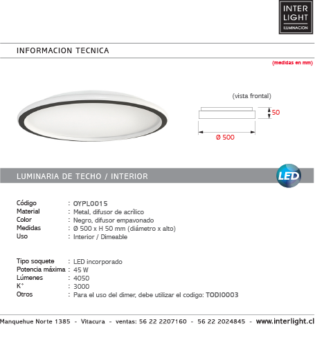 Plafón aluminio negro difusor acrílico Ø 50 cm LED 45W - OYPL0015