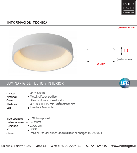 Plafón aluminio blanco difusor acrílico Ø 45 cm LED 30W - OYPL0018