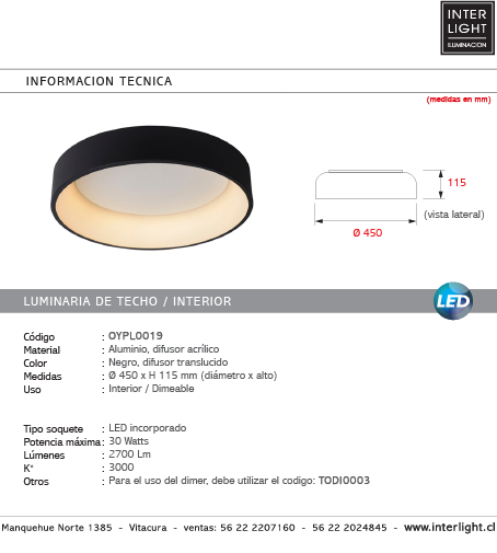 Plafón aluminio negro difusor acrílico Ø 45 cm LED 30W - OYPL0019