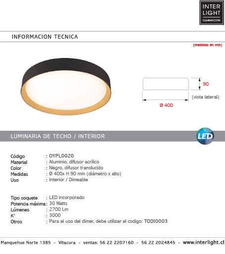 Plafón aluminio negro difusor acrílico Ø40 cm LED 30W - OYPL0020