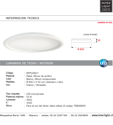 Plafón aluminio blanco difusor acrílico Ø 80 cm LED 55W - OYPL0021
