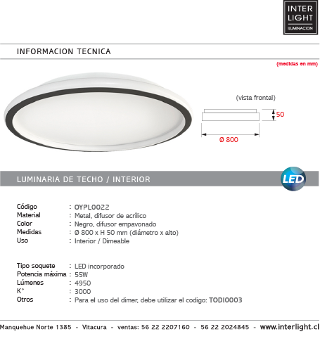 Plafón aluminio negro difusor acrílico Ø 80 cm LED 55W - OYPL0022
