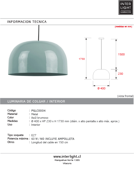 Lámpara colgante metal azúl brumoso Ø40x23 cm E27 - PGLC0004
