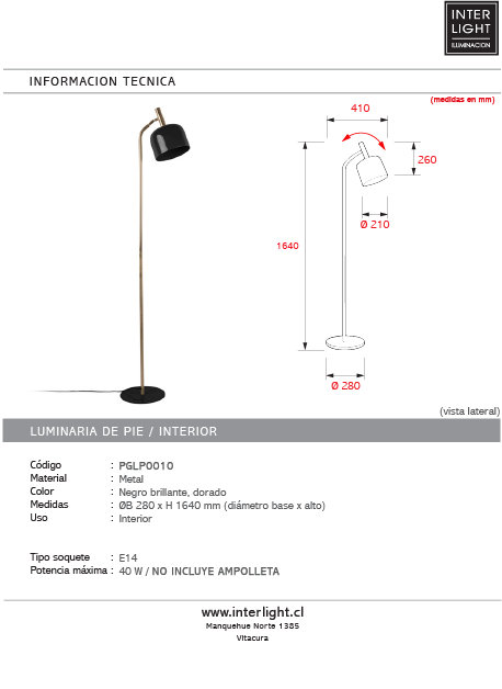 Lámpara de pie metal negro dorado Ø28x164 cm E14 - PGLP0010