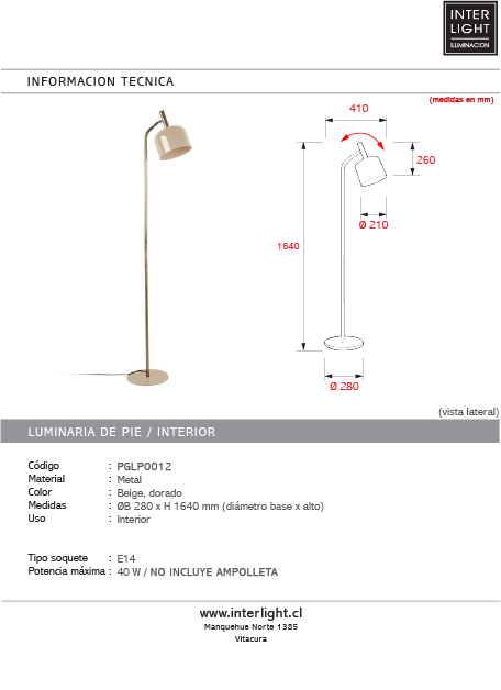 Lámpara de pie metal beige Ø28x164 cm  E14 - PGLP0012