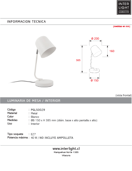 Lámpara sobremesa metal  Ø15x38,5 cm E27 - PGLS0029