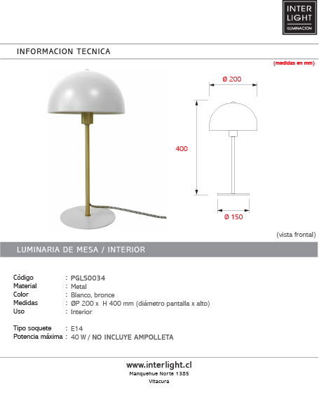 Lámpara sobremesa metal blanco Ø20x40 cm E14 - PGLS0034