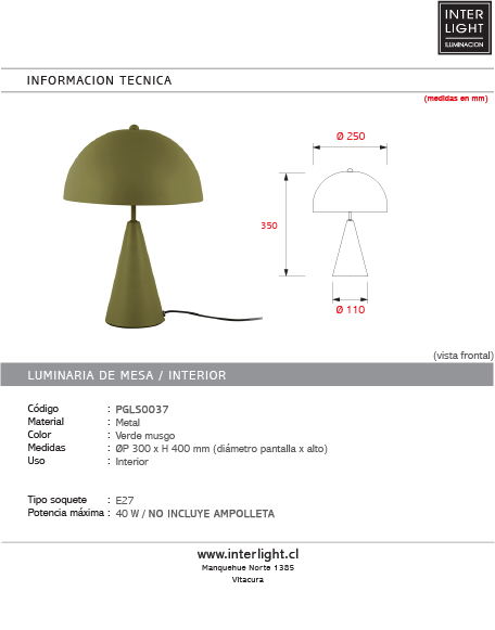 Lámpara sobremesa metal verde musgo Ø25x35 cm E14 - PGLS0037