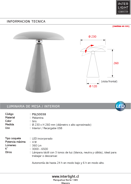Lámpara sobremesa melamina gris recargable USB Ø23x26 cm 4W LED - PGLS0038