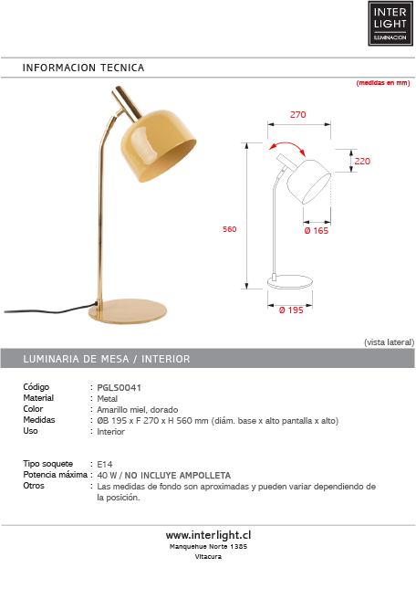 Lámpara sobremesa metal amarillo miel dorado 9.5x56 cm E14 - PGLS0041