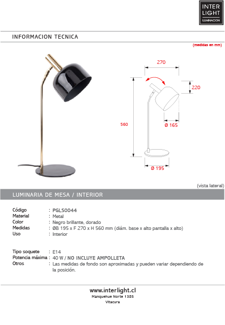 Lámpara sobremesa metal negro brillante dorado  Ø19,5x56 cm E14- PGLS0044