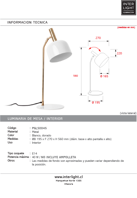Lámpara sobremesa metal blanco dorado Ø19.5x56 cm E14 - PGLS0045