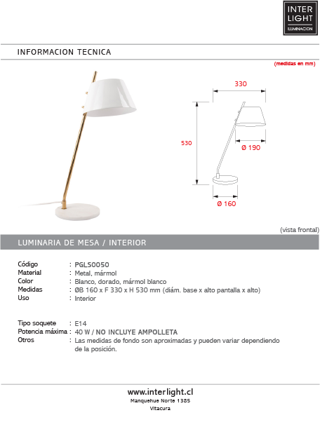 Lámpara sobremesa metal mármol dorado blanco Ø16x53 cm E14 - PGLS0050