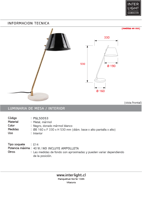 Lámpara sobremesa metal negro dorado mármol blanco  Ø16x53 cm E14 - PGLS0053