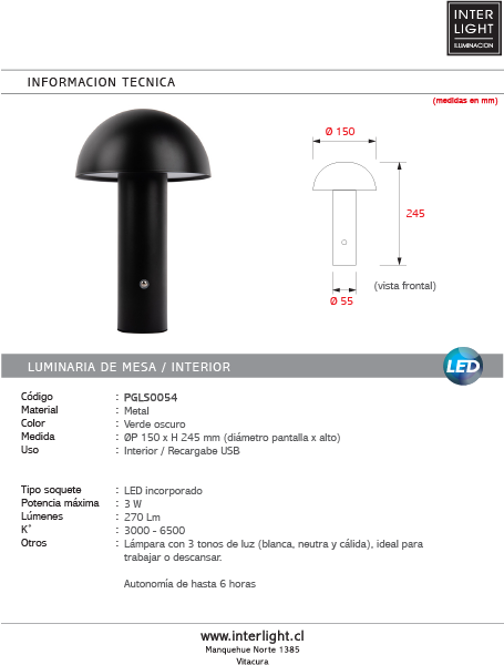 Lámpara sobremesa metal recargable negro  24,5 cm LED- PGLS0055