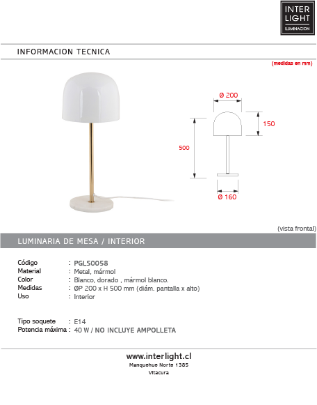 Lámpara sobremesa metal blanco dorado mármol blanco  Ø20x50 cm E14  - PGLS0058
