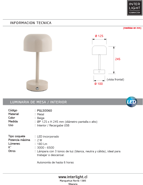 Lámpara sobremesa metal recargable beige Ø12,5x24,5 cm LED - PGLS0060