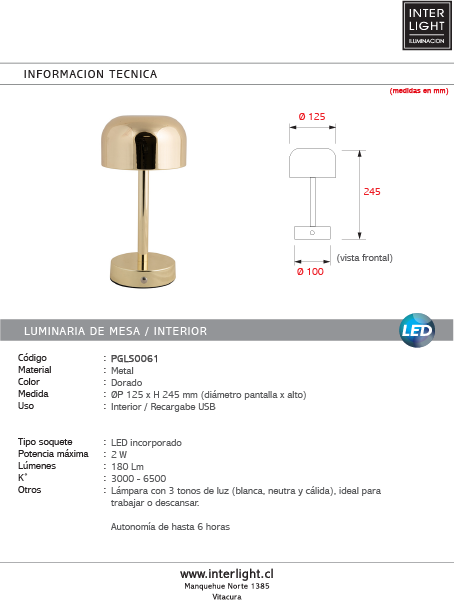 Lámpara sobremesa metal recargable dorado Ø12,5x24,5 cm LED - PGLS0061