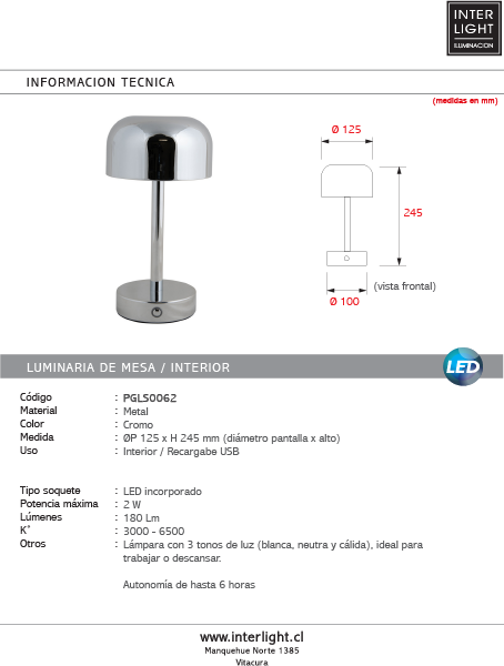 Lámpara sobremesa metal recargable cromo Ø12,5x24,5cm LED - PGLS0062