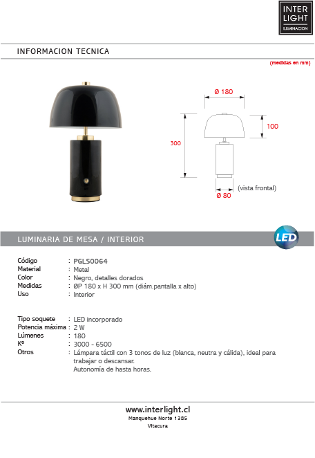 Lámpara sobremesa metal  recargable negro Ø18x30 cm 2W LED - PGLS0064
