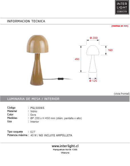Lámpara sobremesa vidrio ocre Ø20x45 cm E27 - PGLS0065