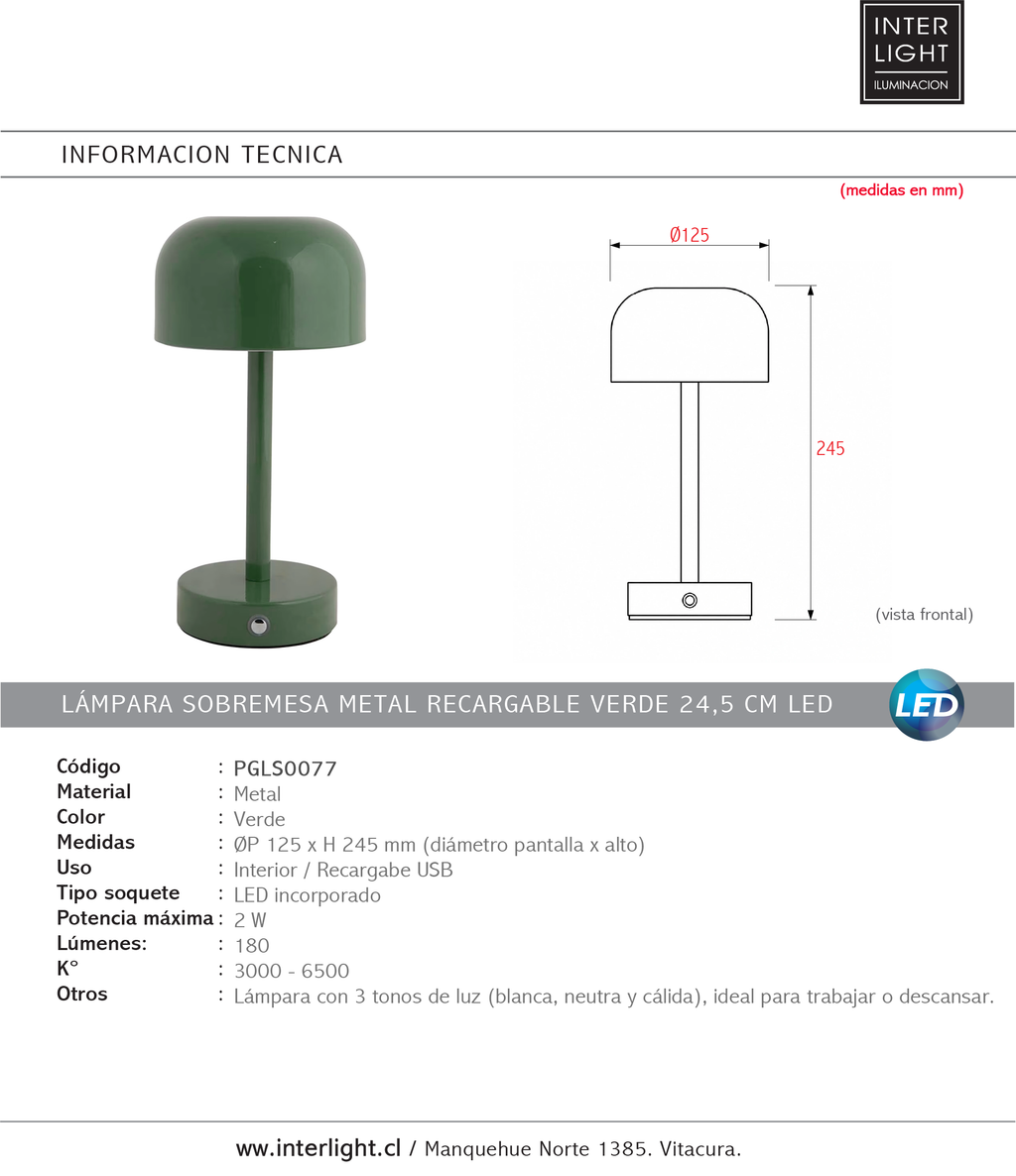 Lámpara sobremesa metal recargable verde 24,5 cm LED- PGLS0077