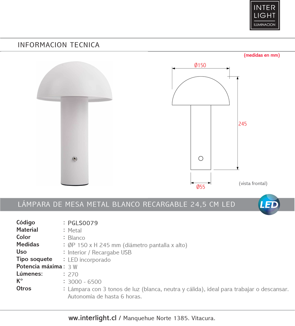 Lámpara de mesa metal blanco recargable 24,5 cm LED - PGLS0079