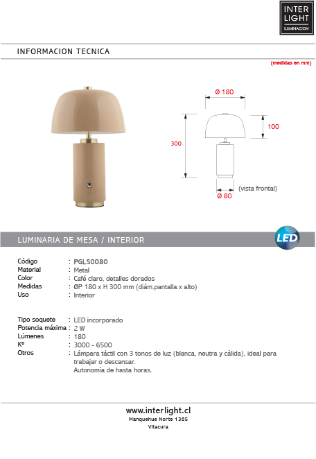 Lámpara sobremesa metal  recargable café claro Ø18x30 cm 2W LED - PGLS0080
